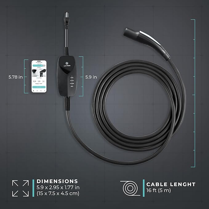 Lectron Level 1 Tesla Charger (WiFi) with App Control - 12 Amp, 120V, NEMA 5-15 Plug, 16ft Extension Cable NACS Connector, Portable Home Electric Car EV Charger for All Tesla/NACS EVs