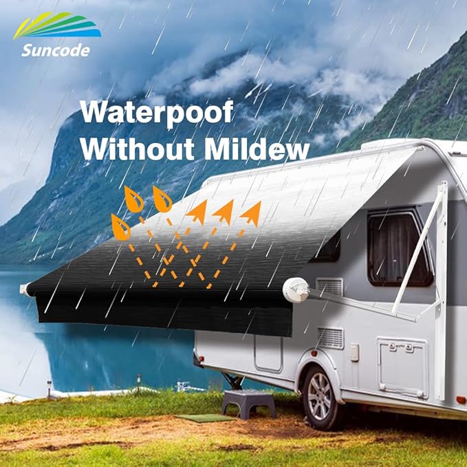 Suncode RV Awning Fabric Replacement Waterpoof Universal Outdoors Canopy for Camper,Trailer,and Motorhome Awning Replacement Premium Grade Vinyl RV Canopy Replacement 15'(Fabric 14'2") Charcoal Fade
