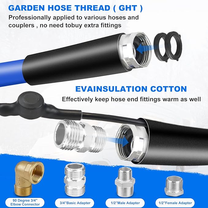 BHB Upgraded 30 FT Heated Water Hose 5/8"ID Compatible With RV -45 ℉ Antifreeze Energy Saving Thermostat RV Accessories, With Storage Bag And 4 Types Of Adapters