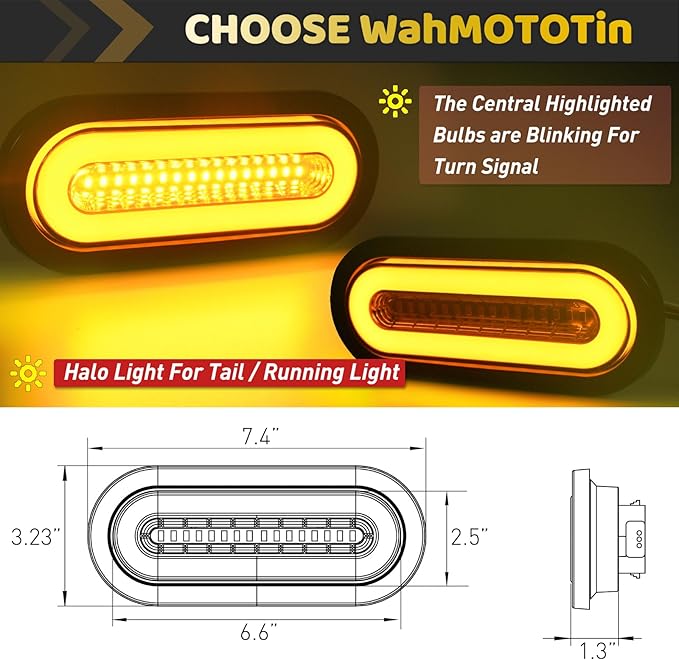 2Pcs 6" inch Smoked Lens Oval Amber 52 LEDs Trailer Boat Halo Parking Turn Signal Tail Lights【Patented】 w/Rubber Grommet, Sealed Submersible IP67 for Truck/RV/Van, DC 12V