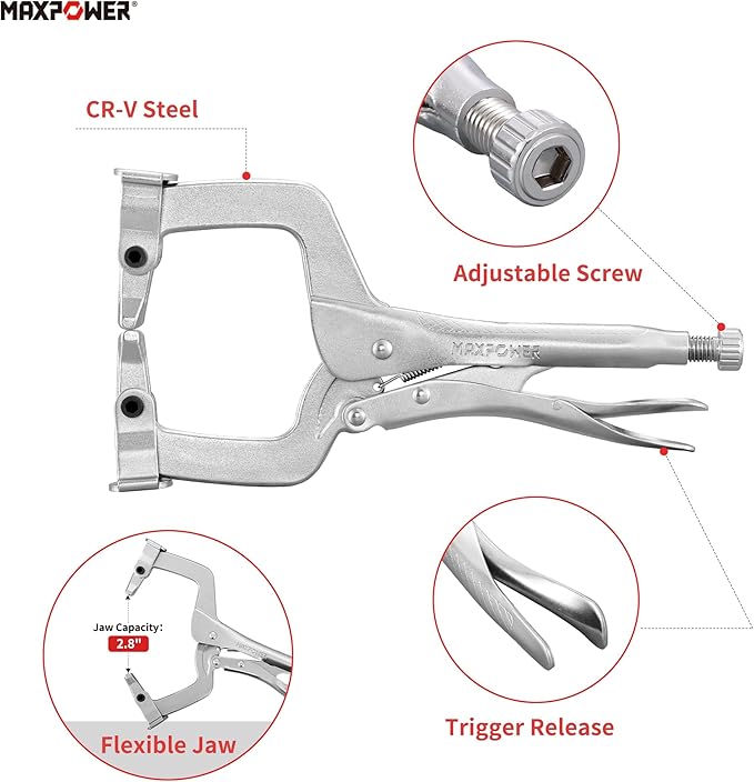 MAXPOWER 11-Inch C Clamp Locking Pliers Set, Flexible Jaws Change with Pads or Regular Tips