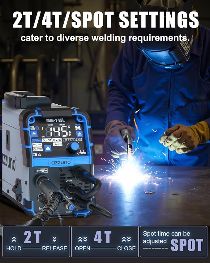 AZZUNO MIG Welder 145A, 110V/220V Dual Voltage 4 in 1 Gas/Gasless Flux Core MIG Welder/Lift TIG/Stick Welding Machine, Wire Feed Welder with Synergic Control