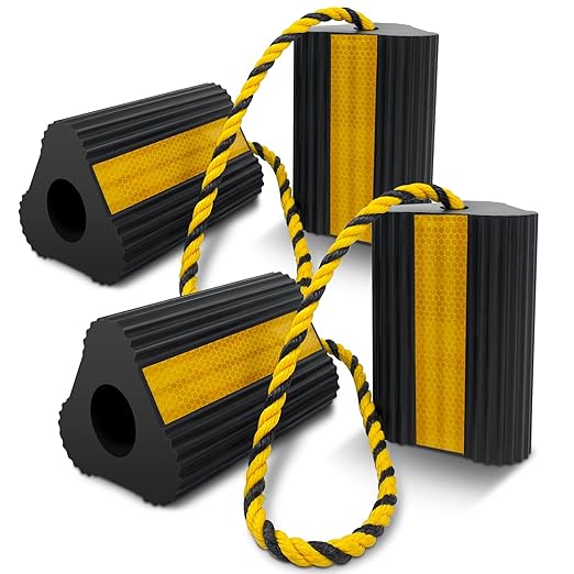 ROBLOCK Wheel Chocks (2pair/4pack with Rope) for RV Trailer Camper Truck Car Aircraft, Versatile Heavy Duty Rubber Wheel Chocks Block with 3 Reflective Strips, Tire Wheel Immobilizers & Chocks