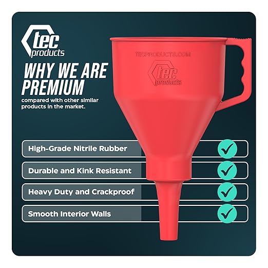 TEC Products FlexAll Short Neck Funnel - Flexible Funnel w/ Hose for Automotive Use - Durable Nitrile Rubber - Car Oil Change, Transmission Fluid, Diesel, Gas - USA Made - Large (10.07 x 5.73 Inches)