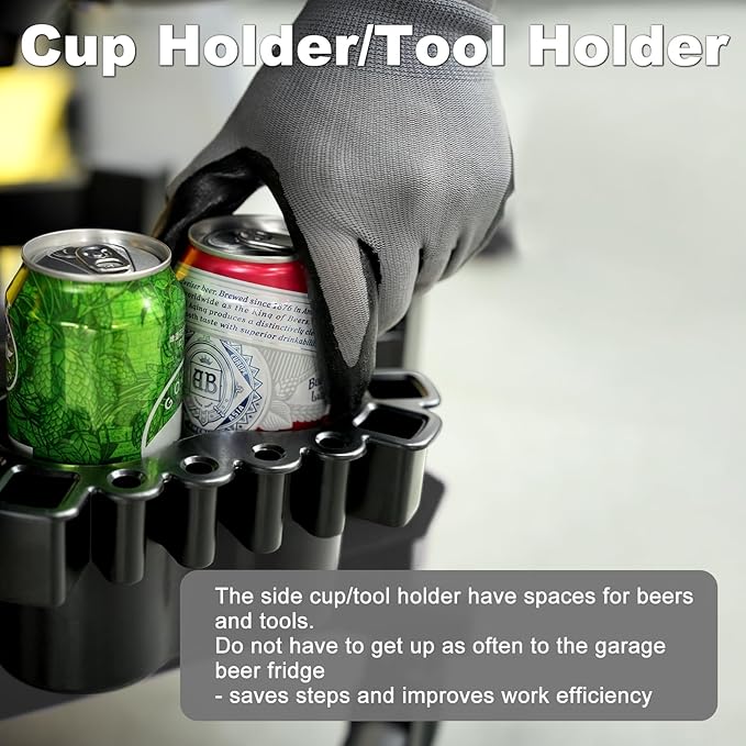 Rolling Stool with Wheels, Adjustable Shop Stool Mechanic Chair Seat Garage Shop Roller Work Chair Mobile Rolling Seat with Tool Tray, 2 Cup Holders, 4" Casters, 350 LBS, Heavy-Duty, Blue