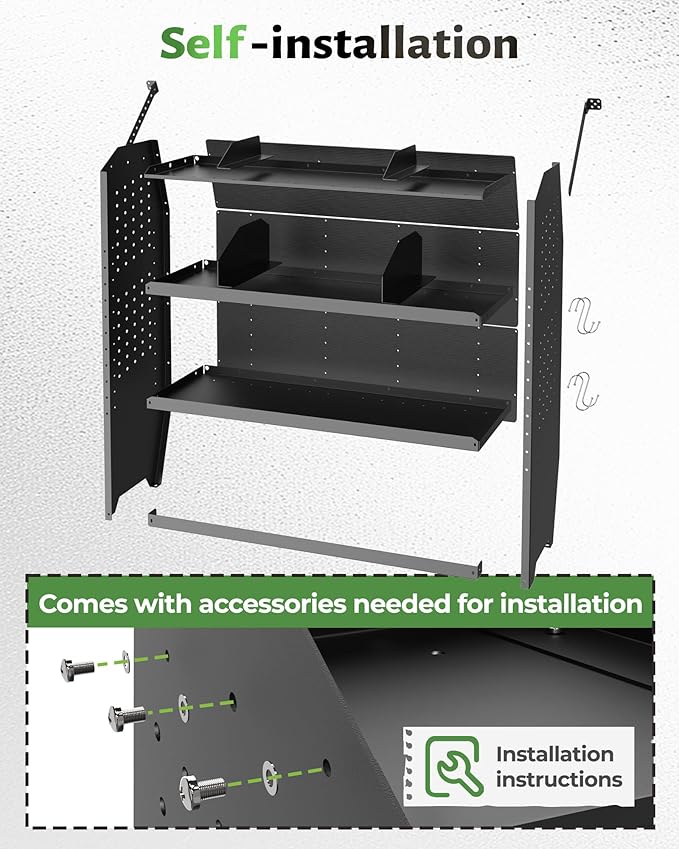 StarONE Cargo Van Shelving Storage Fit for Ford Transit,GMC,Chevy Express,NV,Promaster,Sprinter and Metris w/Hooks,Black,Steel,42" W x 46" H x 13" D