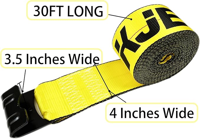 KJE 10 Pack Winch Straps 4" x 30' Yellow Heavy Duty Tie Down w/Flat Hooks Flatbed Trailer Strap WLL# 5,500 lbs | 4 Inch Cargo Control for Flatbed Truck
