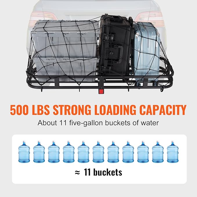 VEVOR 53 x 19 5 in Hitch Cargo Carrier, 500lb Capacity Trailer Mount Basket, Steel Luggage Carrier Rack Fits 2'' Receiver for SUV Truck Pickup with Net, Stabilizer, Straps, Black