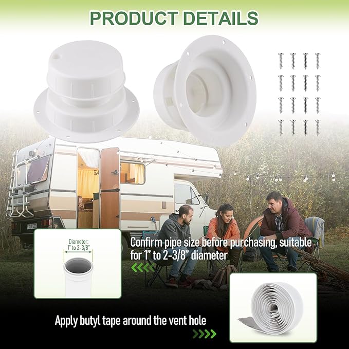 RV Vent Covers for Roof, 2 Pack White RV Roof Vent Covers with Screws for Trailer, Camper, Motorhome, Camper Vent Cover Kit for 1 to 2 3/8 Inch Pipe
