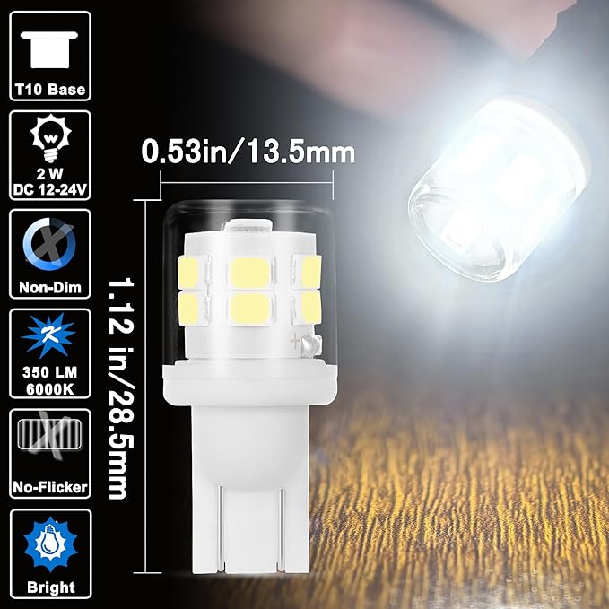 10Pcs Bright T10 921 922 912 194 168 906 2825 Led Bulbs for 12V RV Tralier Interior Ceiling Dome Light, Cool White 6000k, LED Camper Boat Trunk Car Marine Map License Backup Reverse Lamp Lights