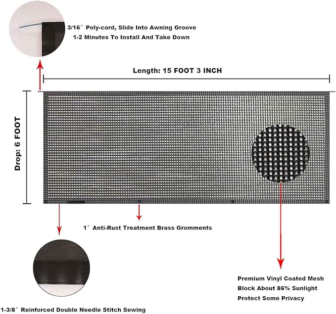 Tentproinc RV Awning Sun Shade Screen 6' X 15' 3'' (Fit for 16' Awning) Mesh Sunshade UV Blocker Complete Kits Motorhome Camping Trailer Awning Shadescreen Sunscreen - 3 Year Warranty (Black)