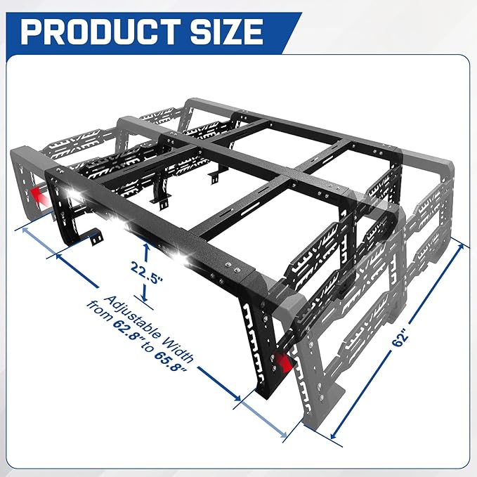 Overland Bed Rack for Full Size Truck 22" 1/2 Bed Rack Compatible with 2007-2025 Toyota Tundra with Factory Bed Rails, for Without Tonneau Bed Cover.
