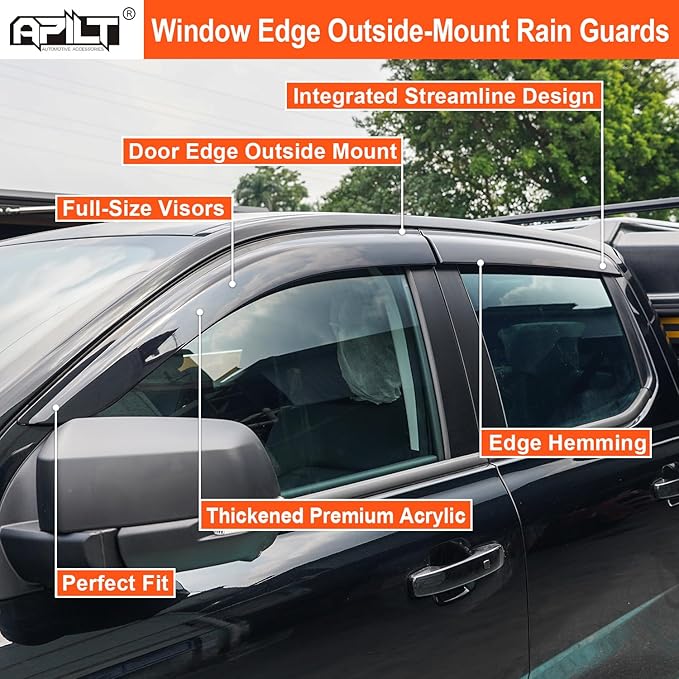 Outside-Mount Rain Guards Window Visors for 2019-2025 Ford Ranger SuperCrew Wind Vent Deflector Full-Size Truck Accessories Dark Smoke 4-Piece Set with Thicker
