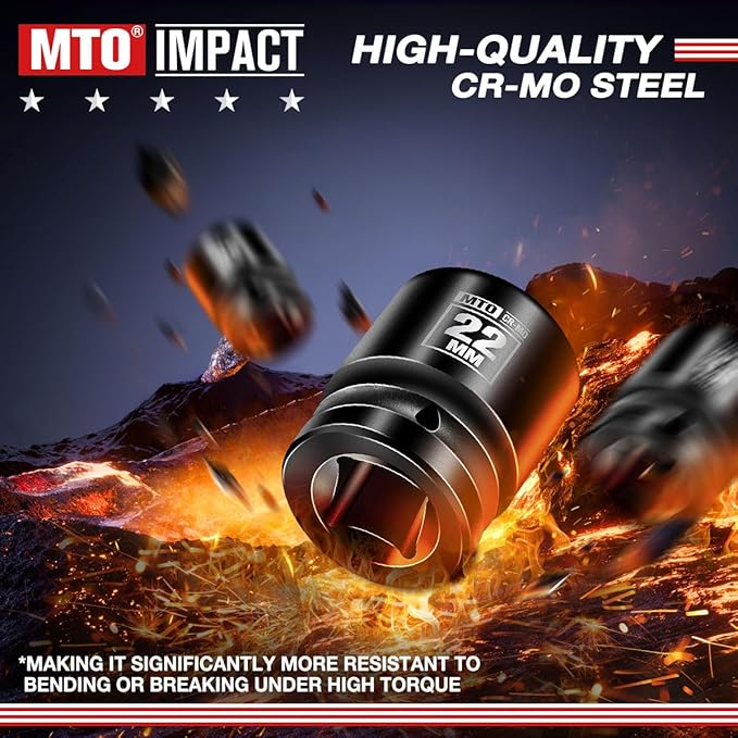 MTO 1/2" Drive 22mm Shallow Impact Socket, 6-Point Metric Socket, CR-MO Steel & Anti-Corrosion Coating for Tight Spaces and Heavy-Duty Tasks