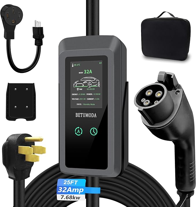 Level 1 & 2 EV Charger, 32A Portable Electric Car Charger with NEMA 14-50 & 5-15 Plugs, 110-240V, 25FT, Adjustable Current & Delay Timer, J1772 for Home/Travel
