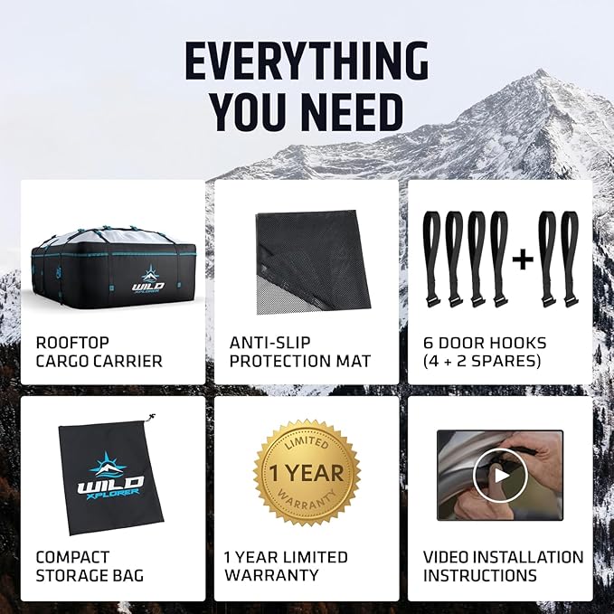 Rooftop Cargo Carrier - 15 Cubic Feet (L), Waterproof Soft Shell Car Roof Cargo Carrier, Heavy Duty Car Top Luggage Cargo Bag with Patented Door Hooks and Non-Slip Mat