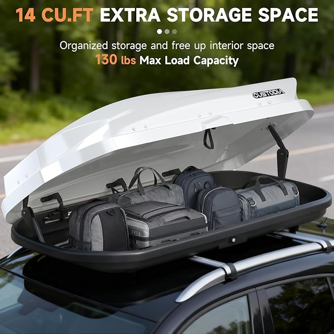 Hard Shell Roof Cargo Carrier with Security Keys, Roof Box, Cargo Box, 62.52 (L) x32.48 (W) x 13.19(H) Inches, 14 Cubic Feet (Tool-Free Install), White