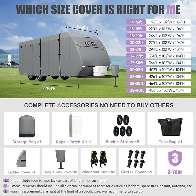 Travel Trailer RV Cover 14-16 FT, Upgraded 7 Layers Top Waterproof Camper Cover, Heavy Duty Toy Hauler RV Cover for Winter Snow with Tongue Jack Cover, Gutter Covers