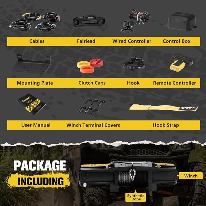 BUNKER INDUST 6500lb Electric Winch 12V Waterproof with Synthetic Rope Hawse Fairlead Kit for Offroad UTV ATV,Recovery Winch with Both Wireless Handheld Remote and Corded Control