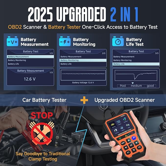 Bluetooth OBD2 Scanner with Battery Tester & Monitoring & Life Test - Support Checking Car Diagnostic Information on iPhone & Android, 2.8 inch HD Large Color Screen, TPU case Protection, Orange