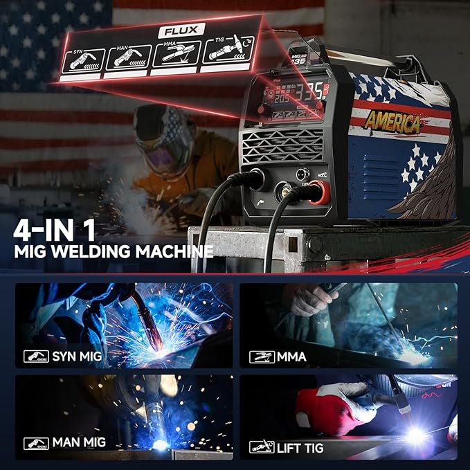 ANDELI 135Amp MIG Welder 110V/220V Dual Voltage, Portable Flux Core MIG/Lift Tig/Stick 3-in-1 Multiprocess MIG Welding Machine with Synergy, LED Display Full Kit (Bonus Welding Helmet & Gloves)