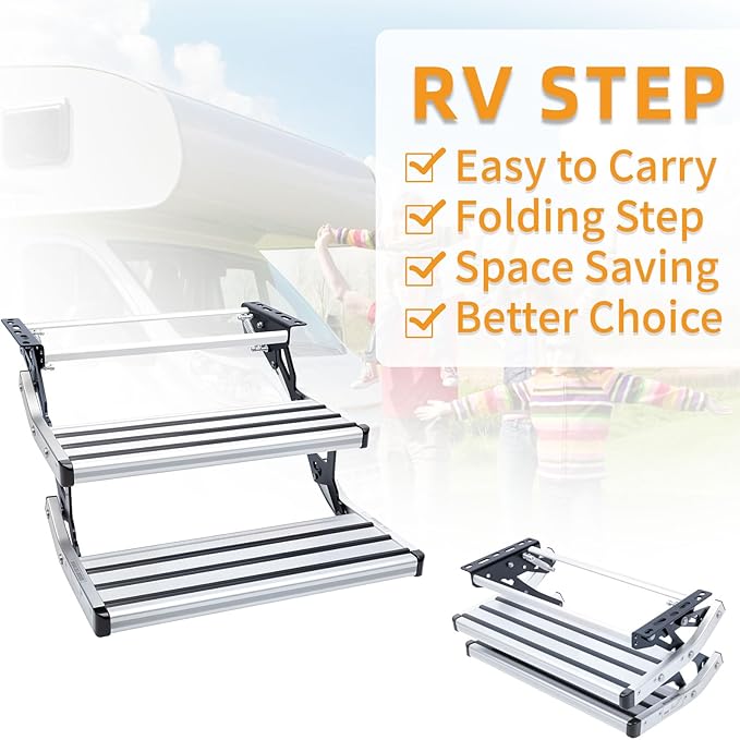 RV Steps, 2-Step, Manual Retractable RV Steps, 400 LBS Load Capacity, Foldable Aluminum Alloy Camper Steps, Thickened Steel Plate Trailer Steps, Non-Slip Design, Ideal for RV, Trailer, Camper