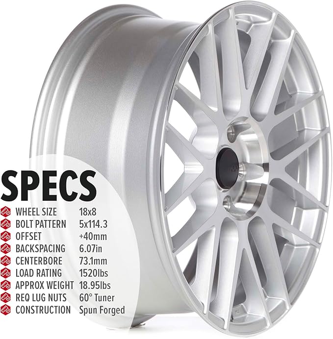 Circuit Performance CSF11 18x8" Gloss Silver/Machined Face 5x114.3 [+40mm] Wheel Compatible with Honda Accord, Civic, CRV, Toyota Camry Rav-4 etc