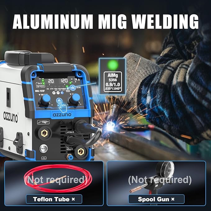 AZZUNO Aluminum MIG Welder 155Amp, Dual Vlotage 110V/220V 5-in-1 Welder Machine Gasless MIG/Gas MAG/Aluminum MIG/Stick/Lift TIG Welding, Multiprocess Welding Machine