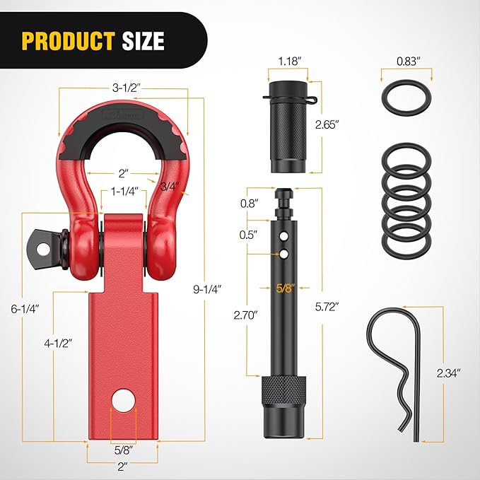 Nilight Anti-Theft Shackle Hitch Receiver 2Inch 45000 LBs Breaking Strength 3/4" Anti-Theft D Ring Shackle 5/8" Trailer Hitch Lock Pin Heavy Duty Solid Towing Kit for Trucks Off Road (Red)