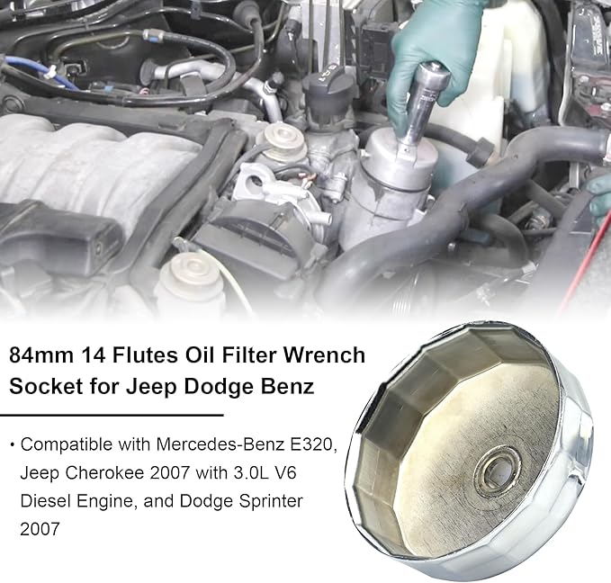 84mm 14Flutes Oil Filter Wrench Compatible with Mercedes Benz Jeep Dodge 3.0L Diesel Engines Oil Filter Socket Oil Filter Cap Housing Removal Tool for Oil Changing