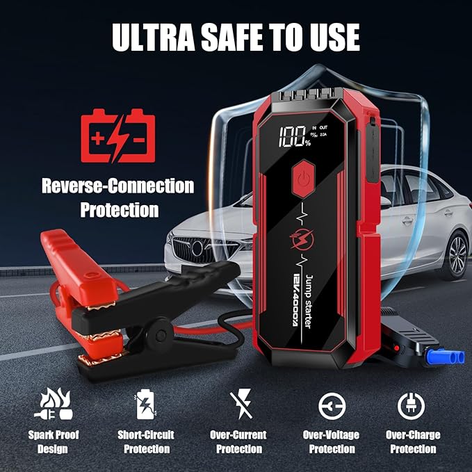 Car Battery Jump Starter 4000A: Battery Jumper Starter Portable Charger with Jumper Cables, 12V Auto Jump Starter Battery Pack - Car Starter Jump Box for All Gas & 10.0L Diesel Engines, Black & Red