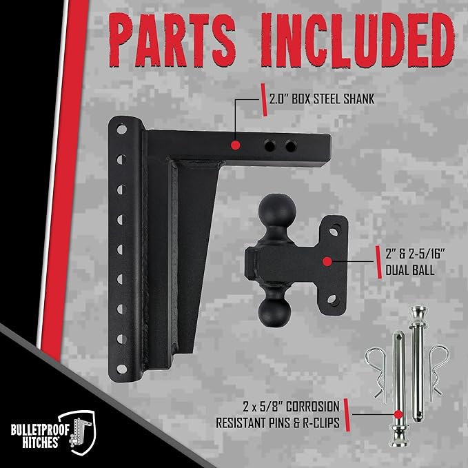 BulletProof Hitches - 2.0" Adjustable Extreme Duty Trailer Hitch (30,000 lb. Rating) - 12" Drop/Rise with 2" and 2 5/16" Dual Ball - Powder Coat, Solid Steel, Corrosion-Resistant