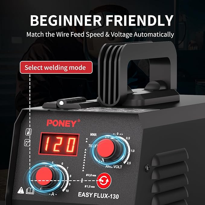 PONEY 120A Flux Core MIG Welder 110V - 3 in 1 Gasless MIG/Stick/Lift TIG Welding Machine with Synergic Control IGBT Inverter Multi-process Portable Wire Feed Welder