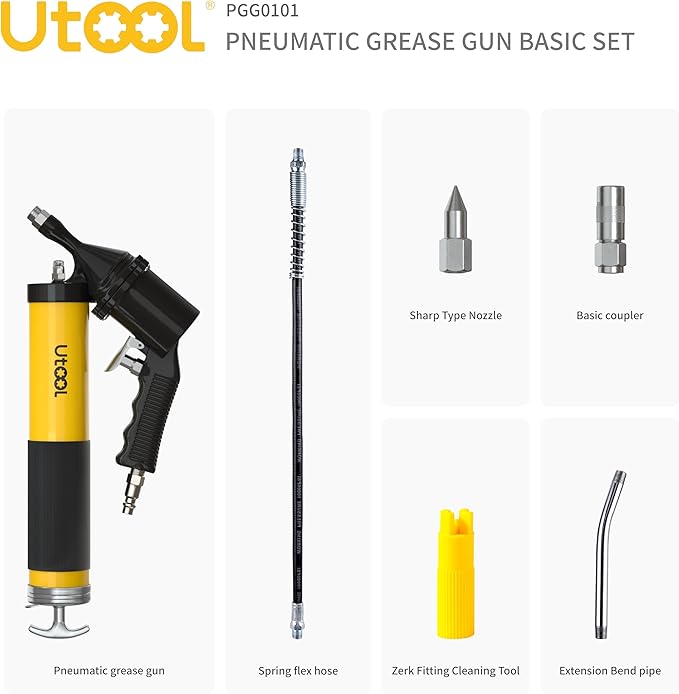 UTOOL Pneumatic Grease Gun, 6000 PSI Air Operated Grease Gun Kit, 14 oz Capacity, 18 Inch Resin Flex Hose, 1 Extension Bend Pipe, 1 Sharp Type Nozzle, 1 Basic Coupler, 1 Zerk Cleaner
