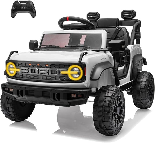 12V Ride on Toy for Kids, Ford Bronco Raptor Kids Electric Car with Parent Remote Control, Battery Powered Truck Car with 4-Wheel Suspension, LED Light, Bluetooth, 3 Speeds (12V, White)