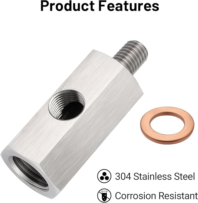 EVIL ENERGY M10*1.5 Oil Pressure Sensor Tee Adapter, Stainless Steel M10*1.5 Metric Female to Male Threaded Oil Pressure Adapter with 1/8 NPT Female Port, Gasket, Sliver