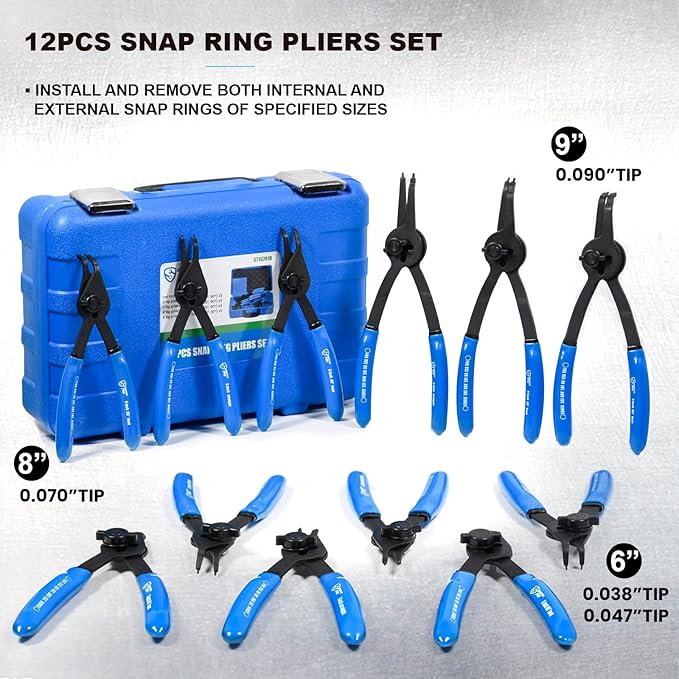 12 Piece Versatile Retaining Snap Ring Pliers set,Heavy Duty Fixed Tip Combination Internal/External Snap-ring Pliers for 0.038in 0.047in 0.070in 0.090in