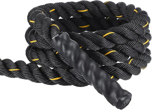 MECCANIXITY Battle Rope 10ft x 1.5 Inch Polyester Workout Rope Heavy Fitness Exercise Rope for Strength Training Home Gym Muscle Building, Black Yellow