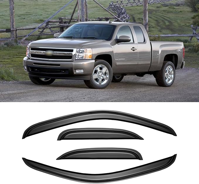 Window Rain Guards for 2007-2013 Chevy Silverado & GMC Sierra 1500 for Extended Cab, Window Visor Vent Wind Shade Deflector Shield Protector Sun for 07-14 Silverado & Sierra 2500 HD/ 3500 HD, Tape-on