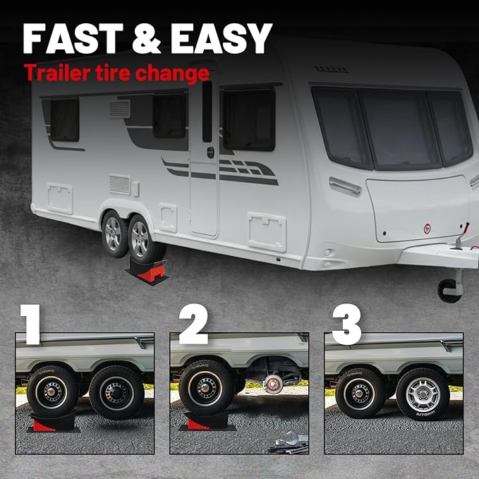 Car Tire Change Ramp 6.3" Tire Lift, 1 Pc Travel Trailer Tire Change Ramp, Curved Leveling Block with Chock & Anti-Slip Mat, Fits Dual Axle Travel Trailer RV Camper, Lift Up to 6.3", 35000 GVW
