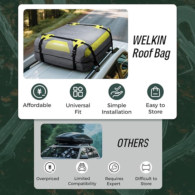 WELKIN Heavy Duty Rooftop Cargo Carrier Bag - 15 Cubic Waterproof Car Roof Bag for All Vehicles with/Without Rack - Includes Anti-Slip Mat, 6 Door Hooks, TSA Lock & Storage Bag - Reinforced Straps