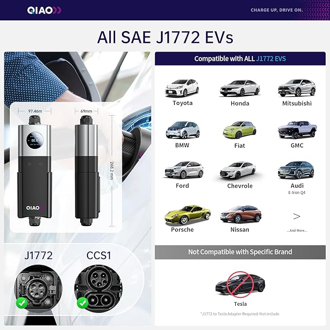 QIAO 40A Portable EV Charger & Mobile EV Charger Level 2, Replaceable Plug (NEMA 14-50 & More), Max 9.6kW Wall-Mount Power, J1772, 25ft Cable, 2.8" LCD for Home & Travel