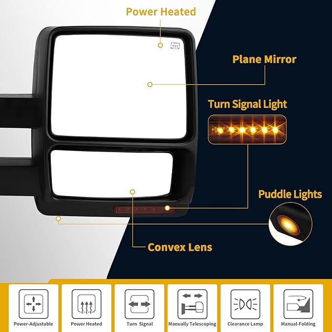 DWVO Side Towing Mirrors Compatible with 2004 2005 2006 Ford F-150 F150 Series Pickup, Power Heated, Turn Signal, Manual Folding, Manual Telescoping, Pair Set