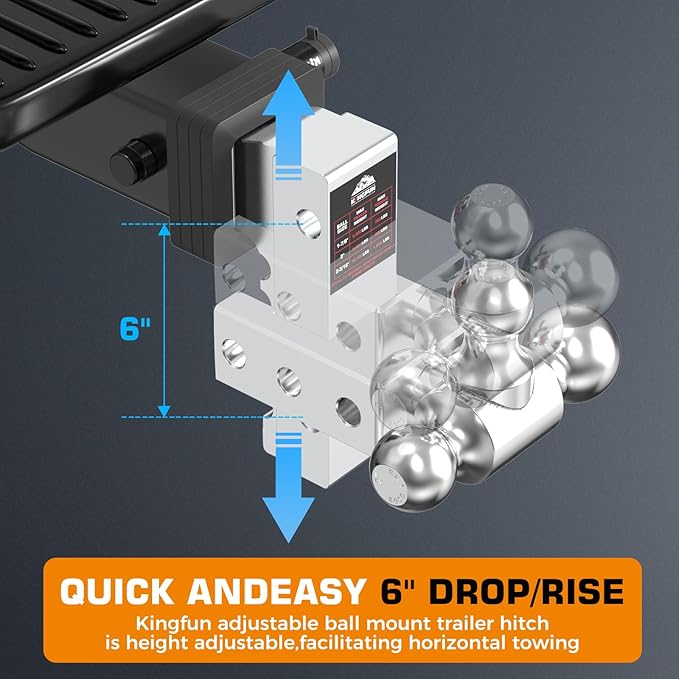 Kingfun Adjustable Trailer Hitch - Drop Hitch 2.5 Inch Receiver, 6 Inch Drop/Rise Tow Hitch, Tri Ball (1-7/8" & 2" & 2-5/16" Balls), 18500 Lbs Gtw, Aluminum Heavy Duty Hitch with Anti-Theft Pins