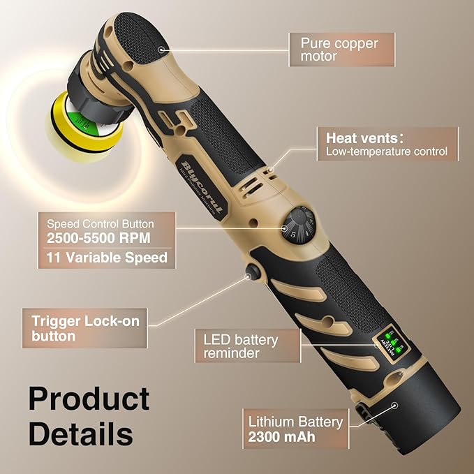 Cordless Mini Polisher,1/1.5/2Inch,DA&RO with 11 Variable Speed 2500-6000 RPM,2.3Ah Rechargeable Battery,Car Detailing Micro Polisher