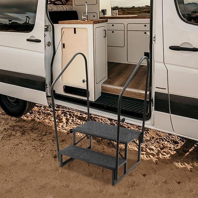 RV Steps with Two handrails, 2 Steps Mobile Home Stairs Steps Outdoor, Hot Tub Steps with handrail, Portable Stairs for Travel Trailer Camper with 2Pcs Non-Slip Step Mats