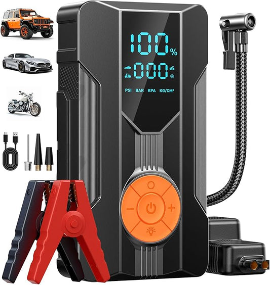 Jump Starter with Air Compressor, Car Battery Jump Starter (8.0 Gas/7.0L Diesel), Battery Jumper Starter Portable Jump Box, 12V Portable Car Jump Starter with Tire Inflator, LED Light