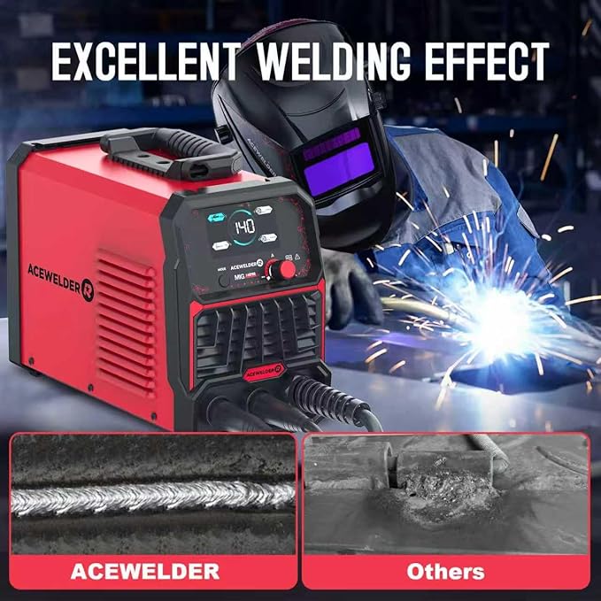 140A MIG Welder, 3 in 1 Flux Core, MIG/LIFT TIG/Stick Welding Machine 110V Portable IGBT Inverter Synergic Control, LED Display with Welding Helmet