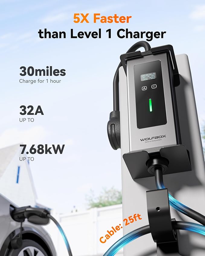WOLFBOX Level 1&2 Electric car Charger 32Amp J1772,ETL Certified, 25ft Cable,208-240V,Portable ev Charger Station with NEMA 14-50R Plug Adapter(PE32)