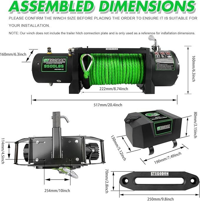 Winch 9500lb Winch 12V Waterproof Electric Winch Synthetic Rope Winch with Wireless Remote and Corded Control for Truck SUV Jeep Wrangle (Green Rope)